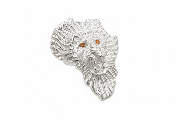 A sterling silver ring featuring a detailed design of a lion's face, in the shape of the map of Africa, with citrine gemstones in the eyes in the shape of the map of Africa.