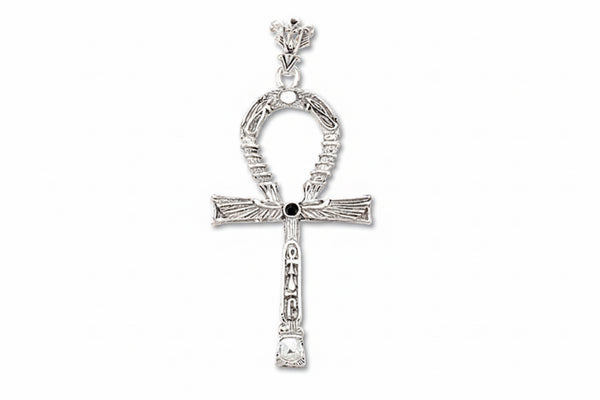 A sterling silver ankh pendant with intricate designs and a central onyx stone, featuring two sides with different Kemetic symbols.