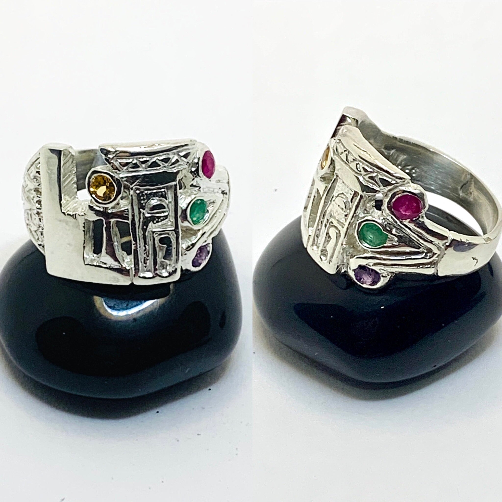 Sacred woman ring in sterling silver with added gems.