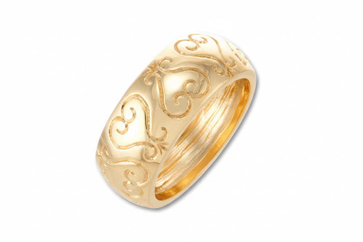 An 18k yellow gold Sankofa wedding band with Adinkra symbols carved into the top surface.