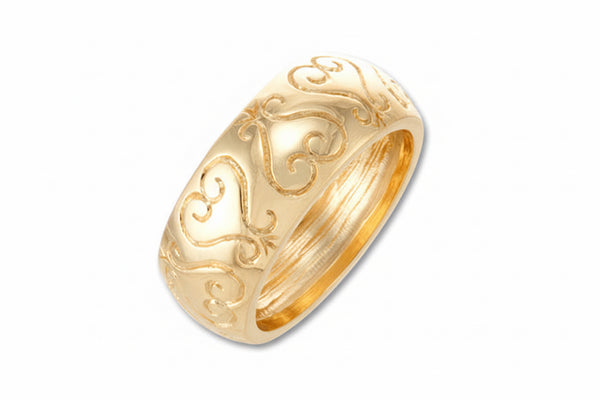 An 18k yellow gold Sankofa wedding band with Adinkra symbols carved into the top surface.