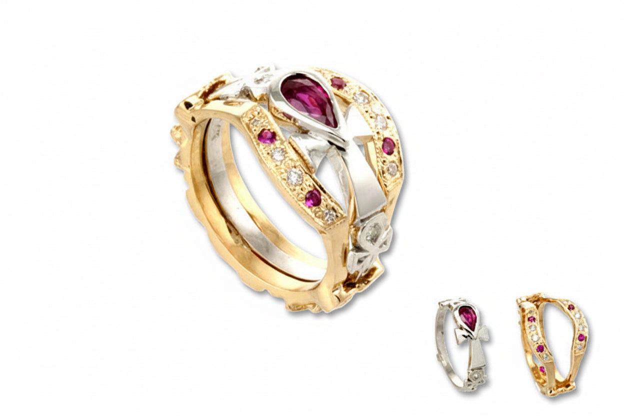 two part ankh engagement ring in 18k yellow and white gold rings with ruby and white diamond gemstones on a white background
