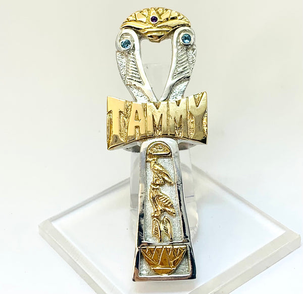 Custom Lotus/Papyrus Ankh Name Ring XL (Silver\14k Gold)