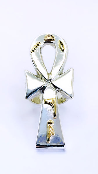 Smooth XL Ankh Ring (Silver\14k Gold Hieroglyphics)