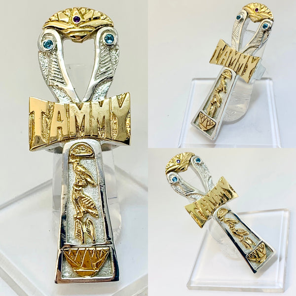 Custom Lotus/Papyrus Ankh Name Ring XL (Silver\14k Gold)