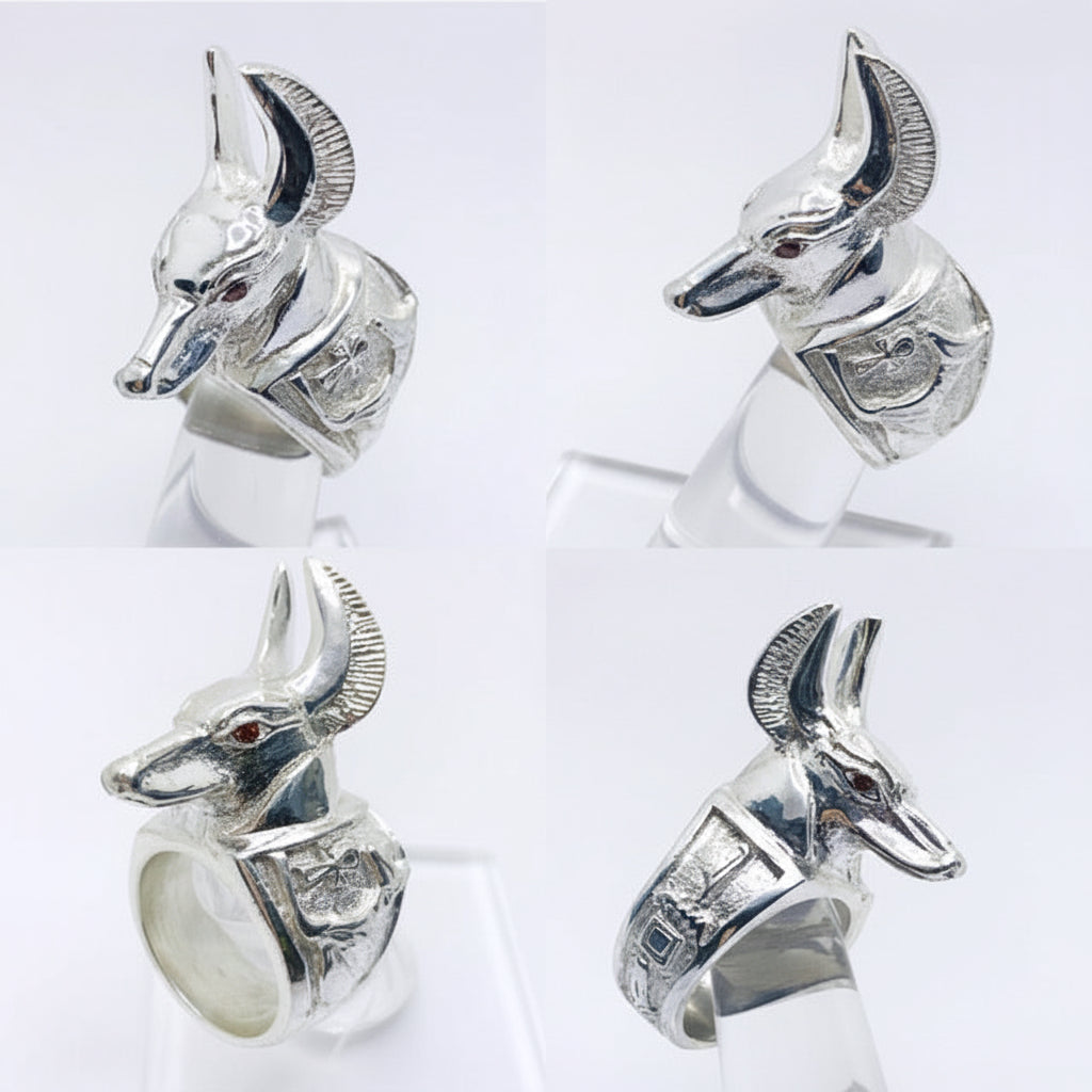 A sterling silver ring featuring a stylized jackal (anubis) head design on a white background.