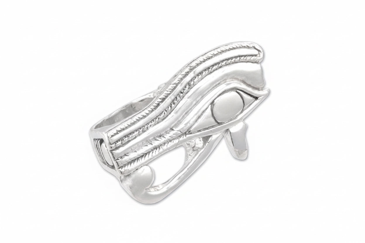 A sterling silver two-finger ring featuring the eye of heru design, with a textured surface. Right eye.