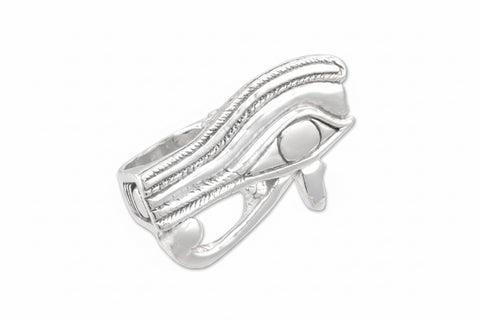 A sterling silver two-finger ring featuring the eye of heru design, with a textured surface. Right eye.