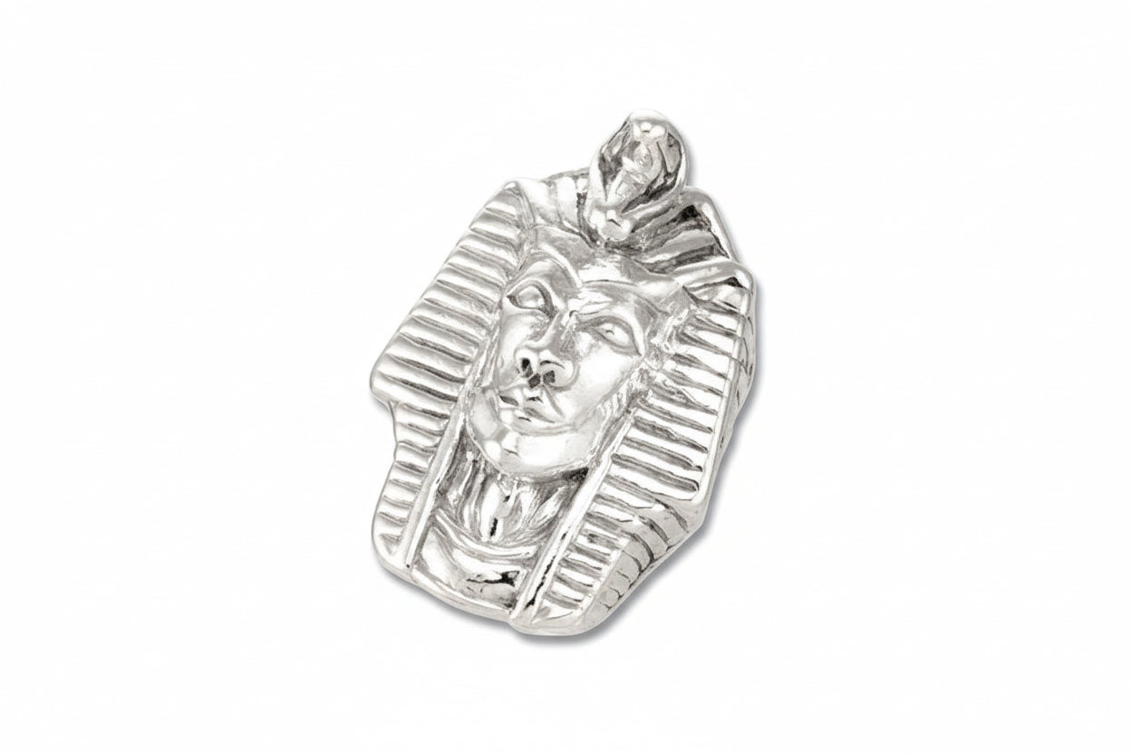 A silver ring featuring a detailed relief design of Ramses the Great's head.
