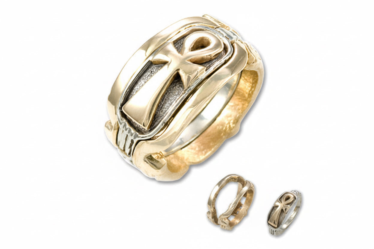 A men's wedding band ring with a yellow and white gold band and a central cartouche-style design within an outer ring. It's an engagement ring for men.